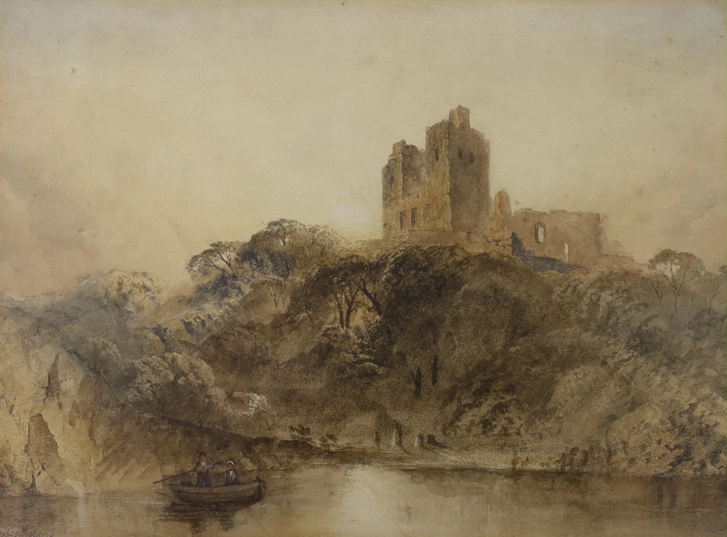 Anthony Vandyke Copley-Fielding (1787-1855), watercolour, Boatman with castle ruins beyond, signed, 26 x 35cm